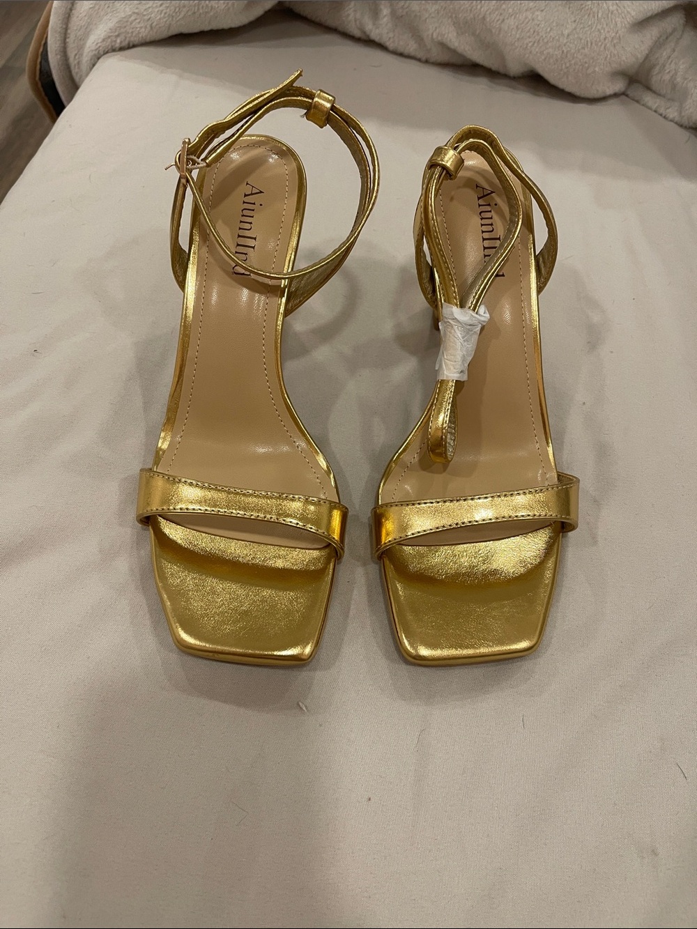 Lilu Metallic Gold Square-Toe Ankle-Strap Block Heels